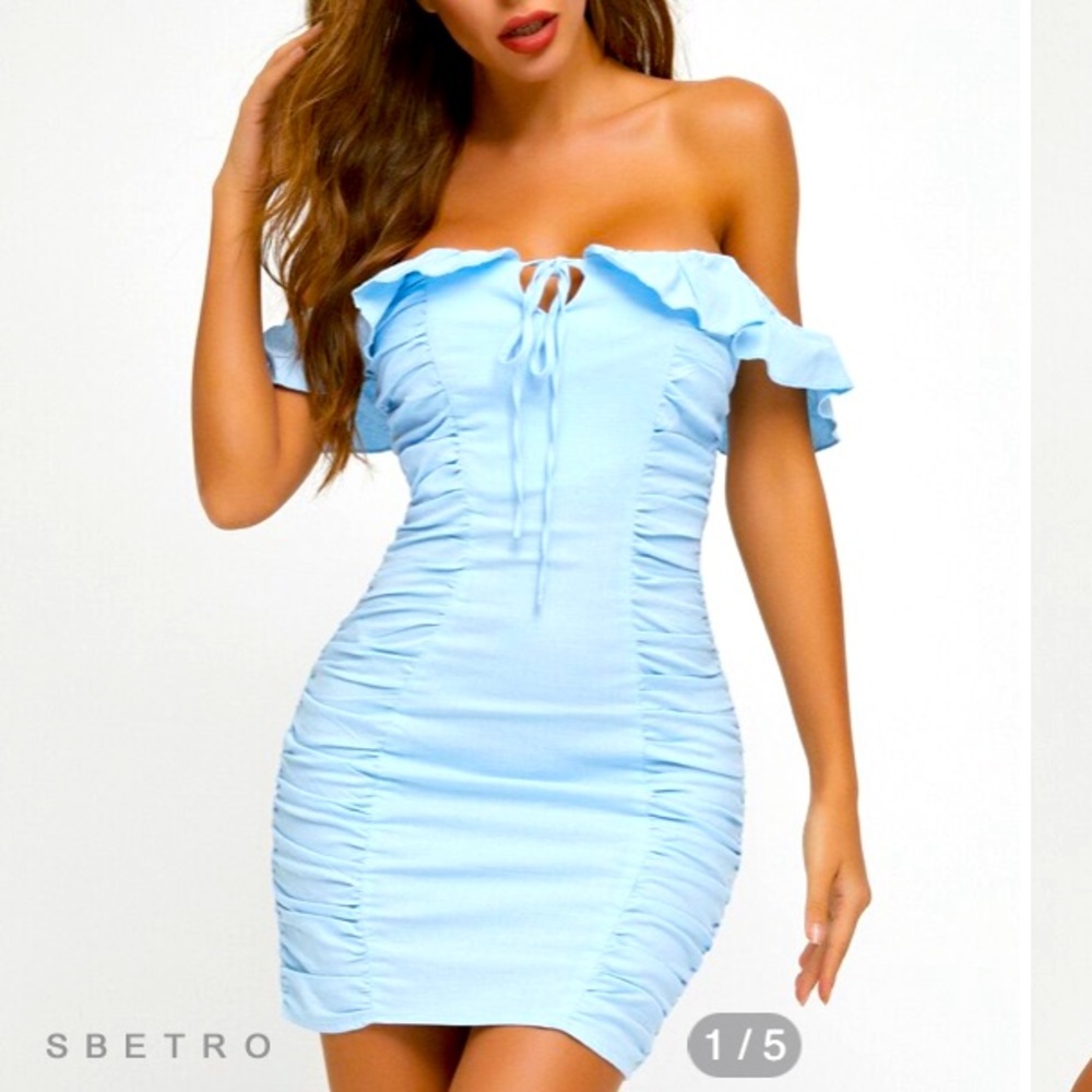 NWT blue ruched off the shoulder dress